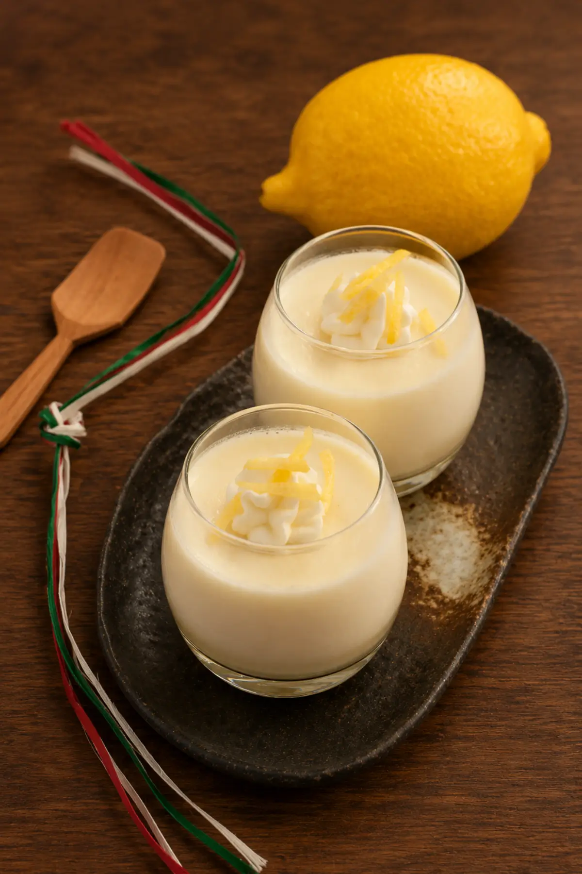 Two lemon desserts served with a whole lemon and tricolour ribbon.
