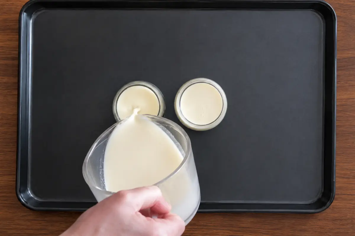 Creamy panna cotta mixture being poured into two glasses on a baking tray.