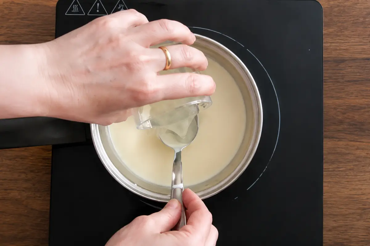 A wooden spoon dipping into creamy panna cotta topped with lemon zest.