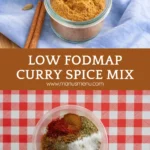 Low FODMAP curry spice mix in a glass jar with a spoon and cardamom pods.
