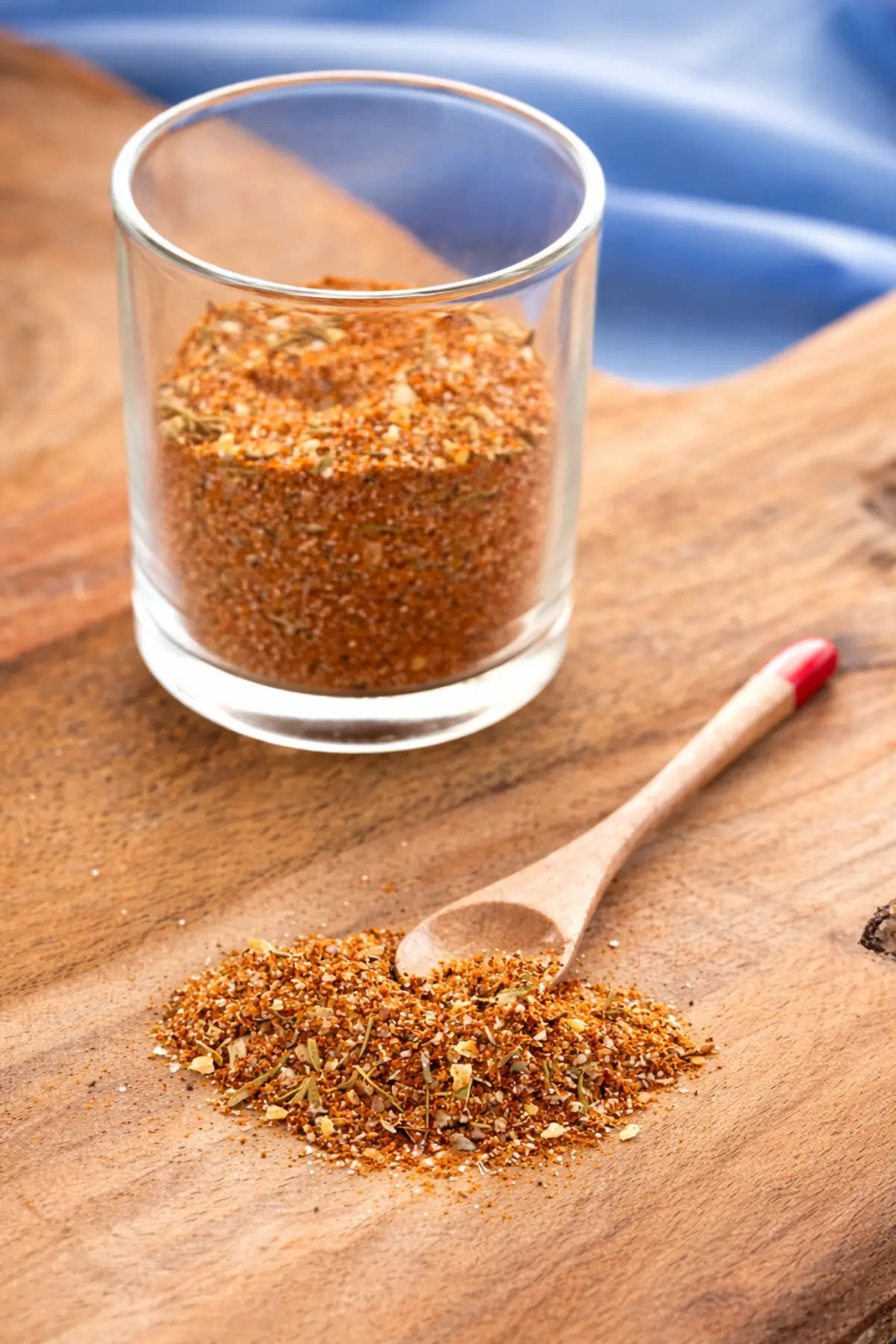Cajun seasoning in a glass jar with a small wooden spoon on a wooden board.