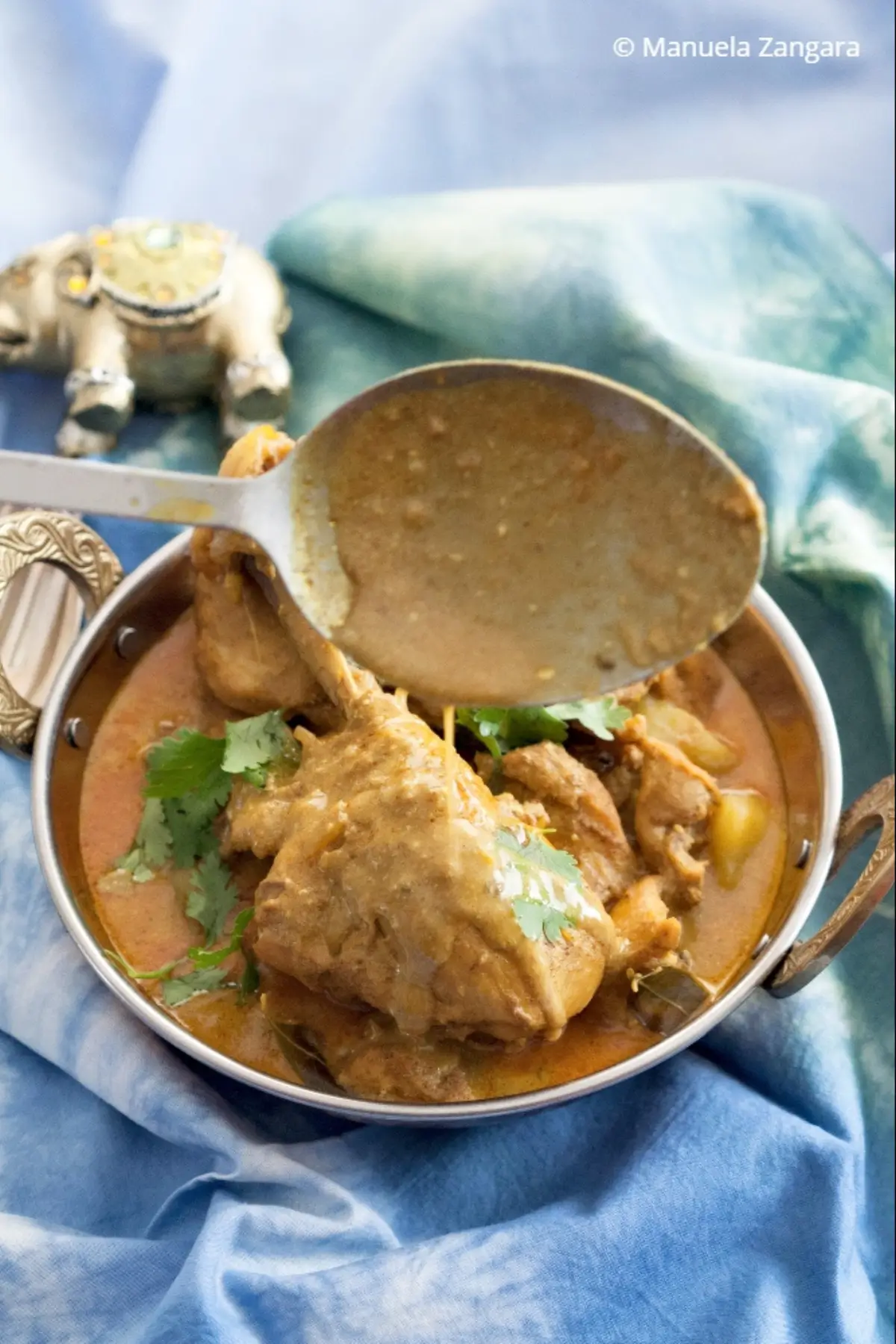 Spoon lifting creamy chicken curry sauce from the bowl.