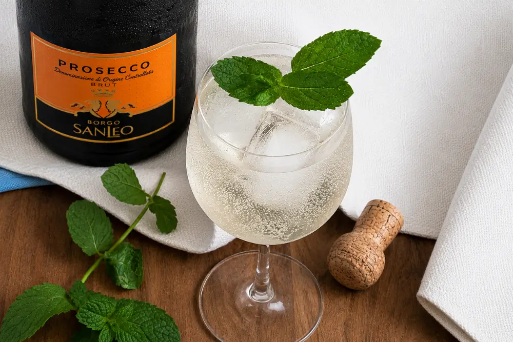 Glass of Hugo cocktail with mint leaves, ice, and chilled Prosecco on a wooden table.