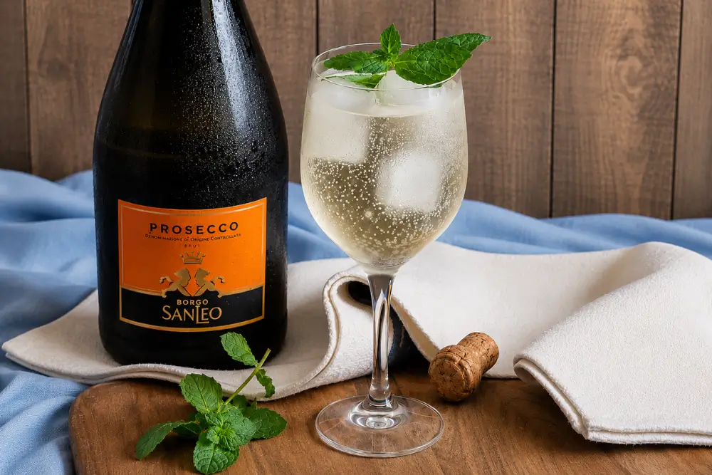 Hugo cocktail served with mint garnish, ice, and sparkling bubbles in a wine glass.