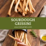 Homemade grissini served with olive oil, sea salt and fresh rosemary.