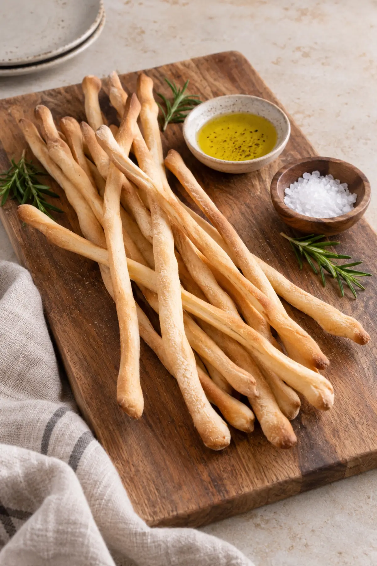 Homemade grissini served with olive oil, sea salt and fresh rosemary.