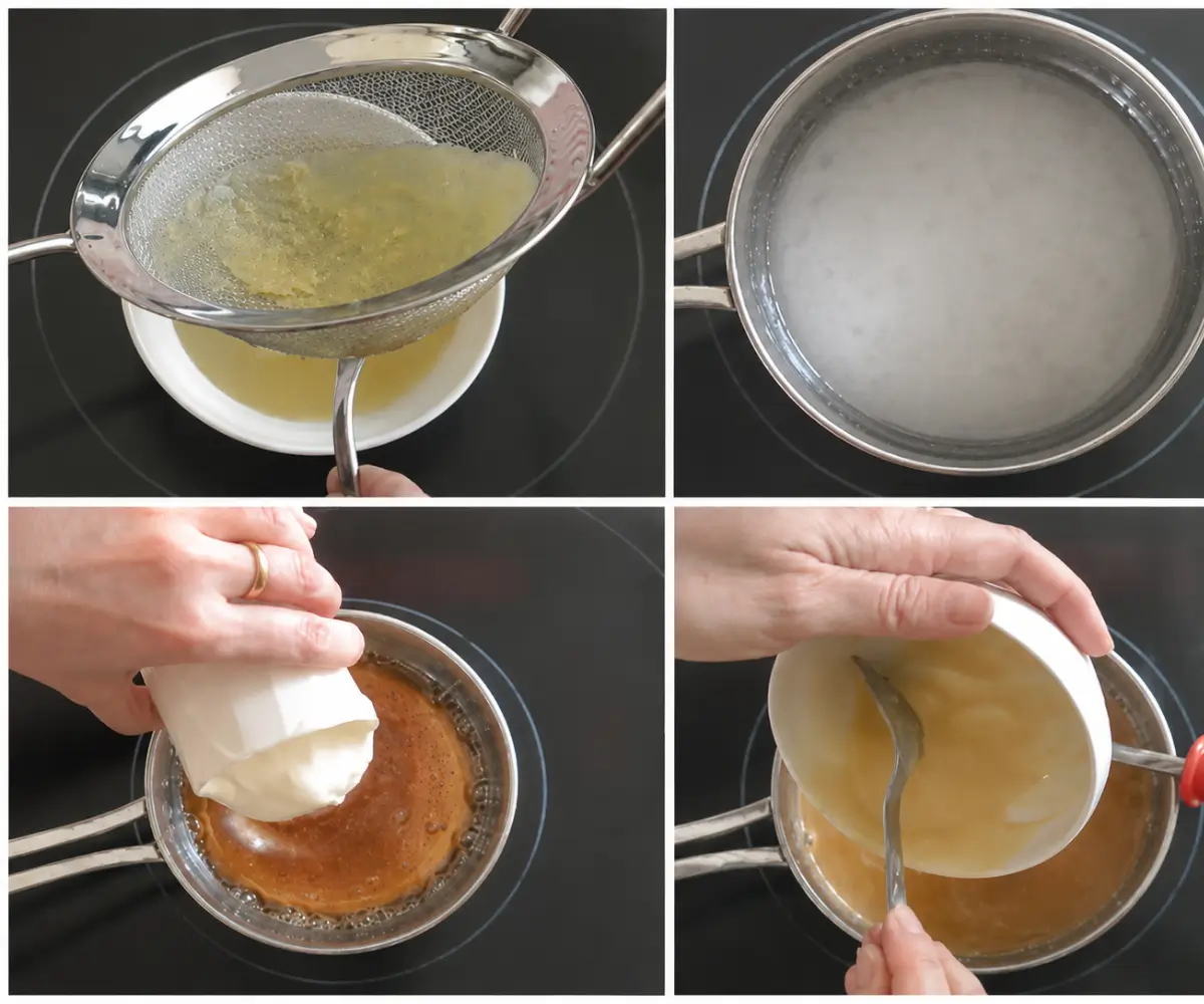 Miso paste being sieved and cream added while making Miso Caramel Sauce.