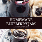 Close-up of blueberry jam spread over crumpets for breakfast.