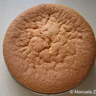 Freshly baked Pan di Spagna cooling on the counter.