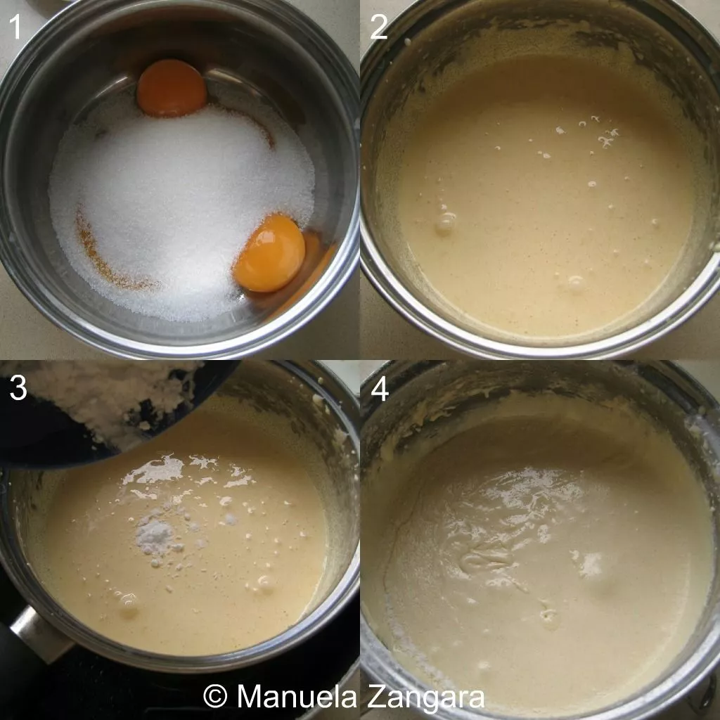 Beating egg whites until stiff peaks form to give the sponge cake its light texture.