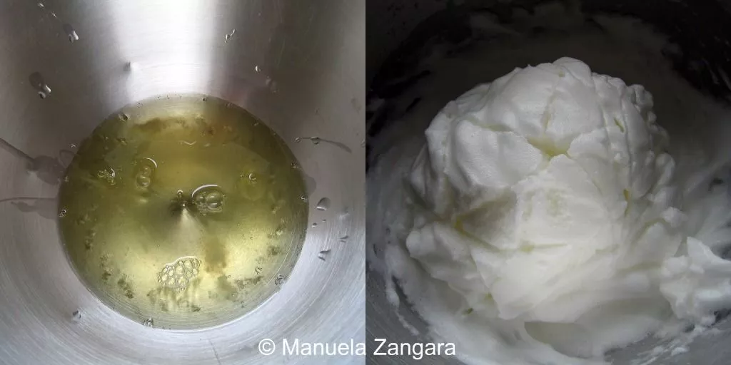 Whipping egg yolks and sugar until pale and fluffy for Italian sponge cake.