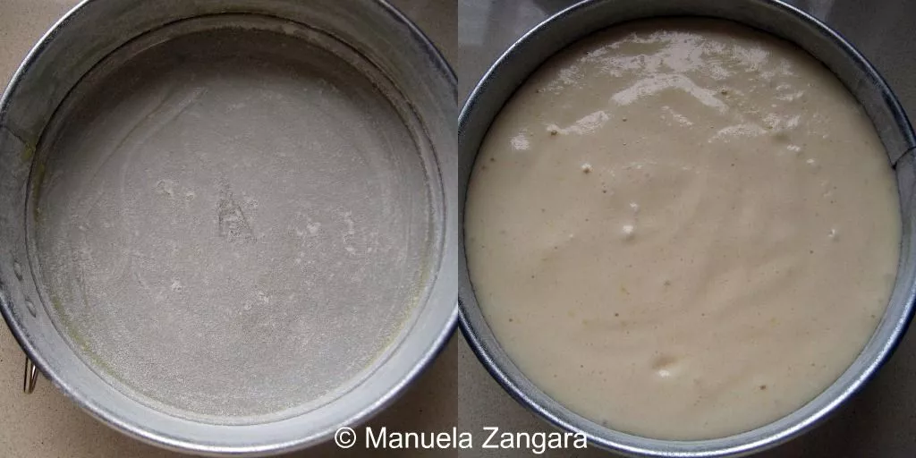 Greasing the springform pan and pouring in the Pan di Spagna batter before baking.
