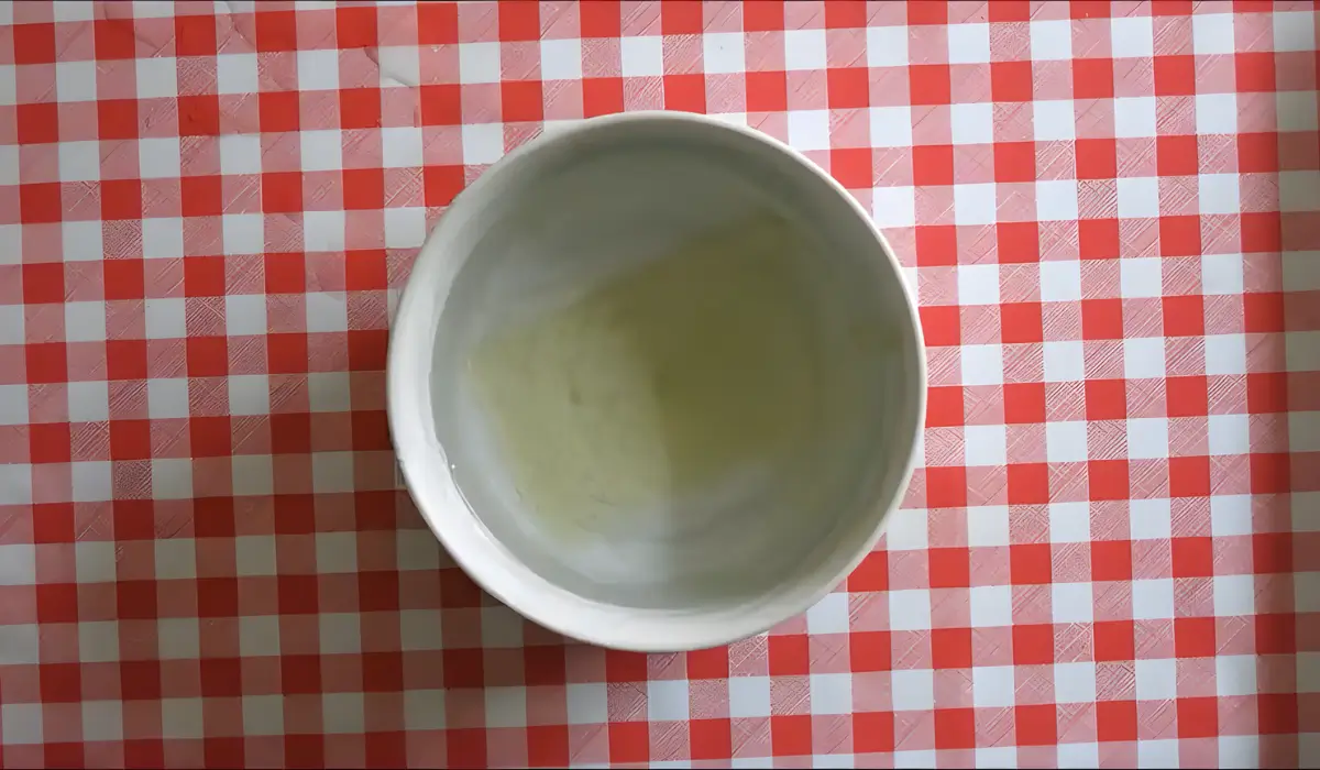 Gelatine sheets soaking in a bowl of cold water.