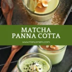 Pair of matcha panna cottas served in glass cups with cream and toppings.
