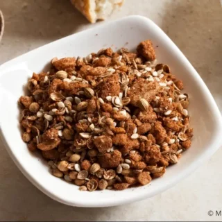 Close-up of Macadamia Dukkah in a small bowl.