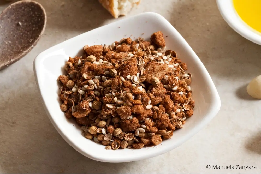 Close-up of Macadamia Dukkah in a small bowl.