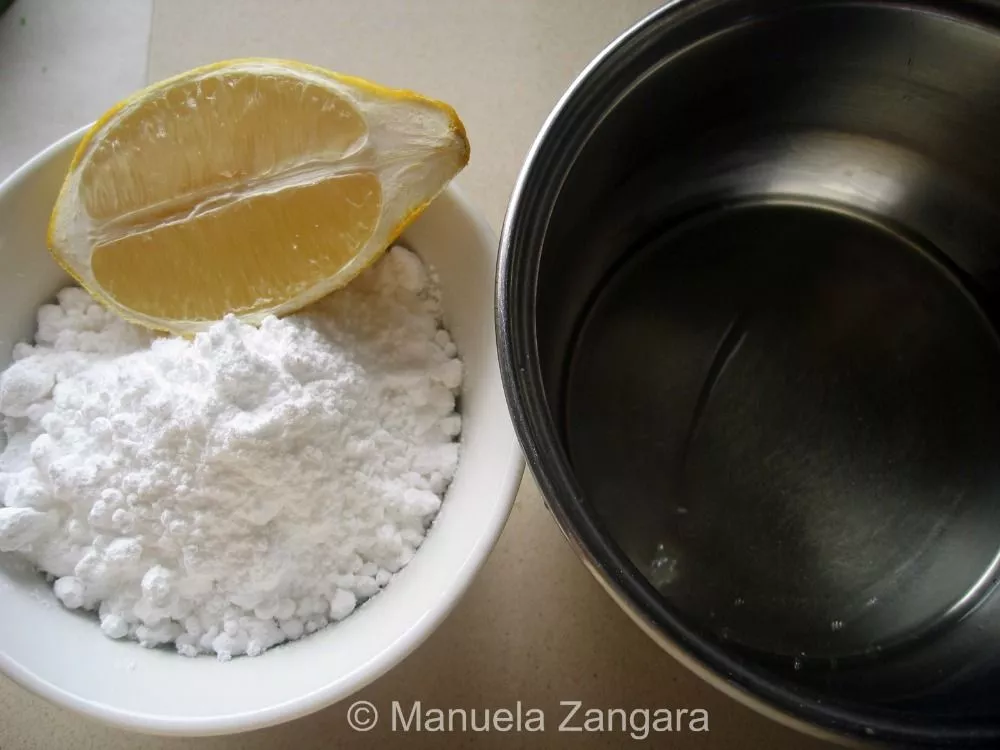 Ingredients for royal icing on the counter.