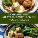 Lamb meatballs with mint on spinach, drizzled with lemon yoghurt sauce and served with a lemon wedge.