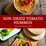 Sun-Dried Tomato Hummus served in a bowl with pita bread and olive oil on a wooden board.