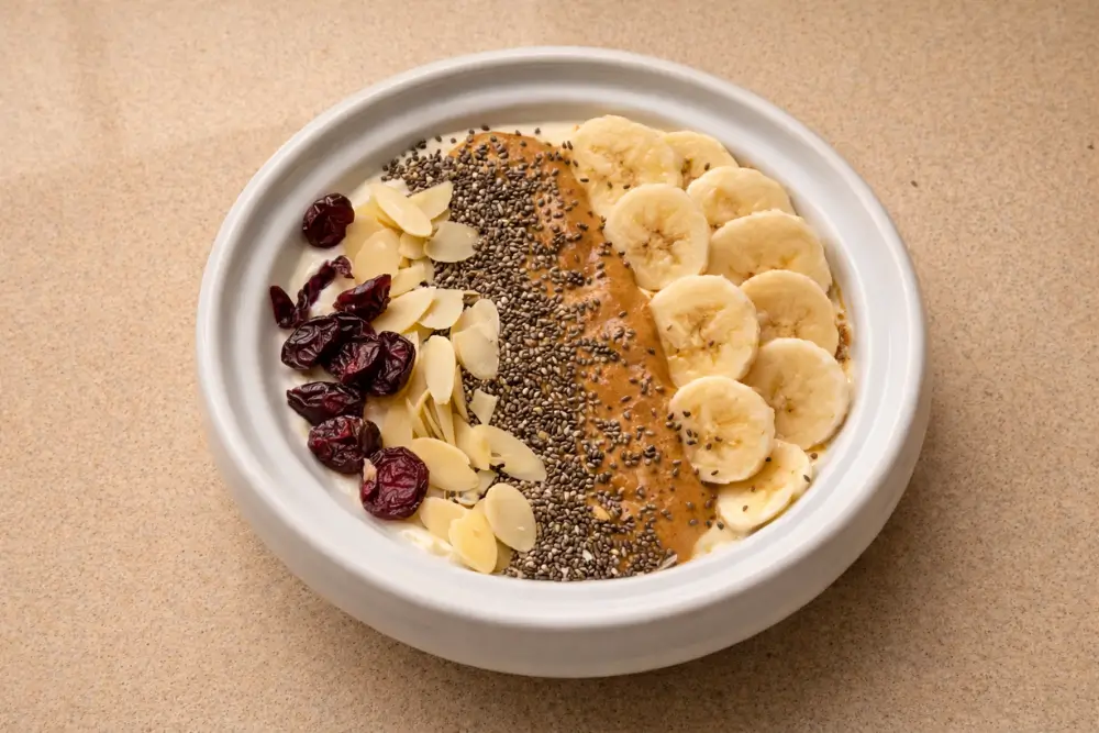 Banana Nut Greek Yogurt Bowl topped with banana, almond butter, seeds and maple syrup in a white bowl.