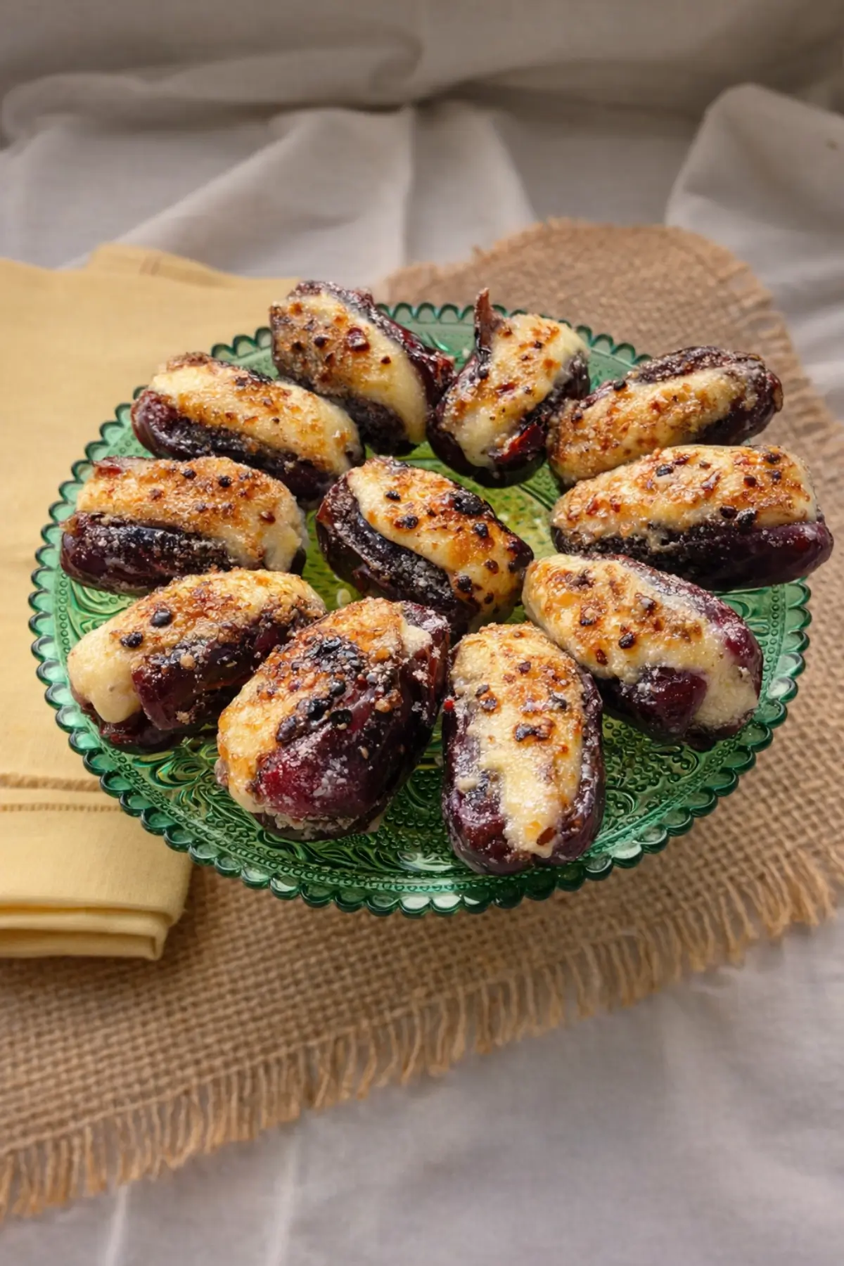 Caramelised stuffed dates with golden tops served on a decorative green glass plate.