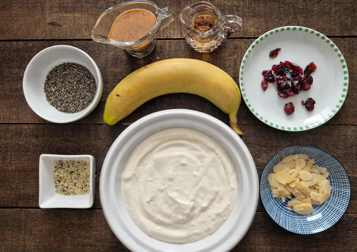 Overhead view of yoghurt, banana, nuts, seeds, maple syrup and dried cranberries arranged on a wooden table.