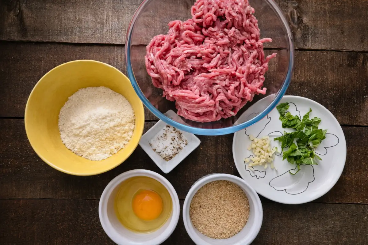Ingredients for lamb and mint meatballs on a wooden surface.