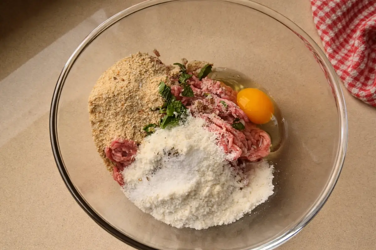 Minced lamb, egg, breadcrumbs, grated cheese, and chopped mint in a bowl.