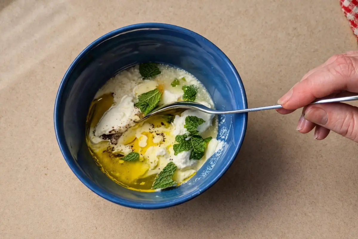 Lemon yoghurt sauce in a bowl being mixed with olive oil, mint, and seasoning.
