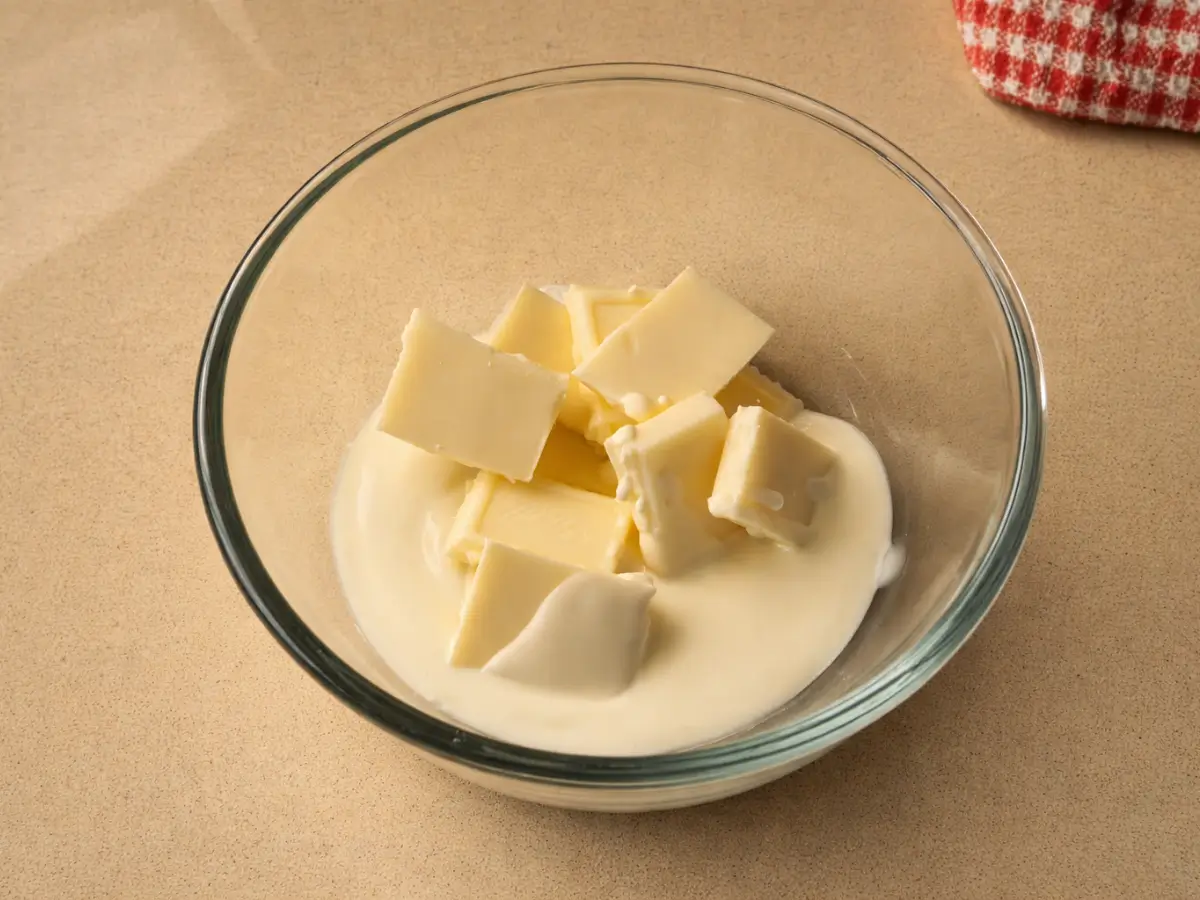 Chopped white chocolate and cream ready to melt in glass bowl.