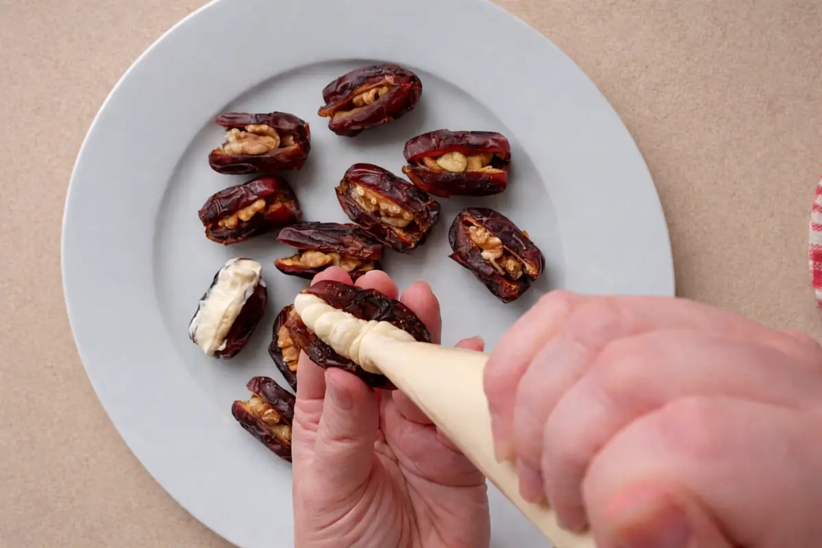 Creamy cheese mixture being piped into prepared dates on a plate.