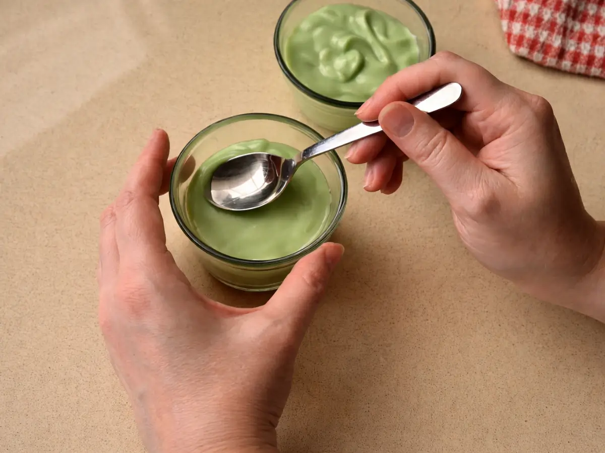 Smoothing the top of mint mousse in small serving glass.