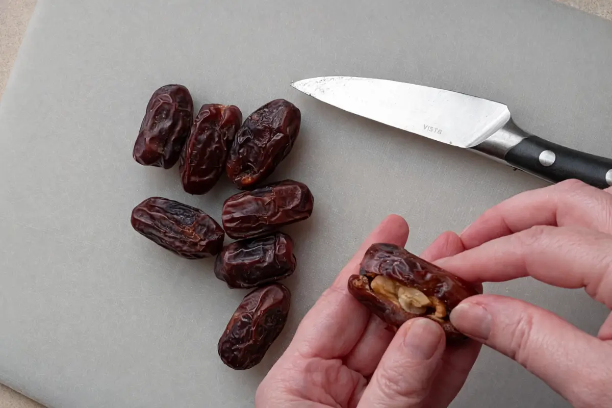 Hand inserting a walnut into a slit date on a chopping board.