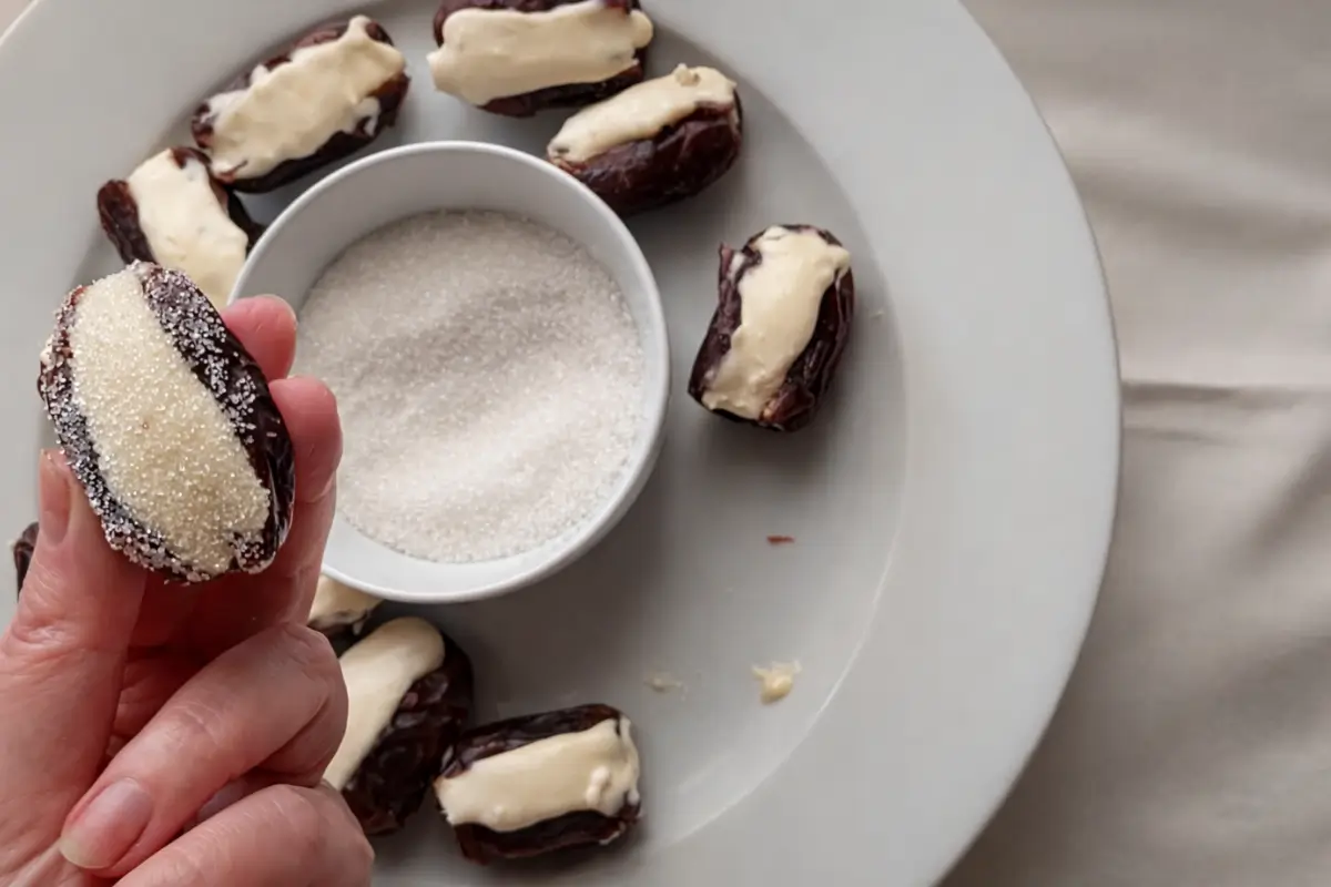 Sugar-coated stuffed date held by hand with a bowl of sugar in the background.