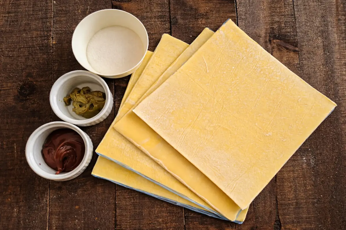 Puff pastry sheets with sugar and fillings arranged on a wooden surface.