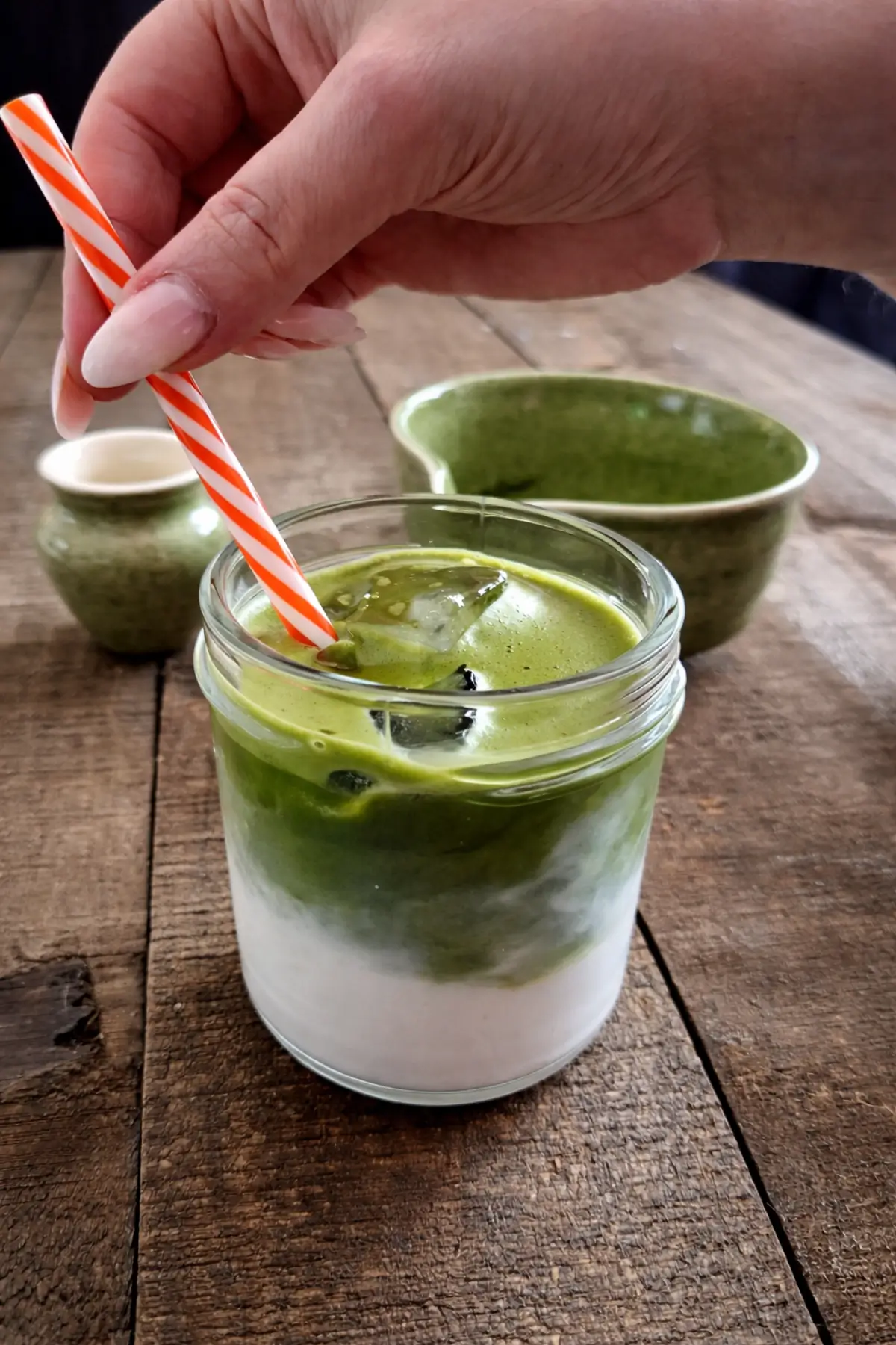 Hand stirring the matcha and milk together in a glass with ice.