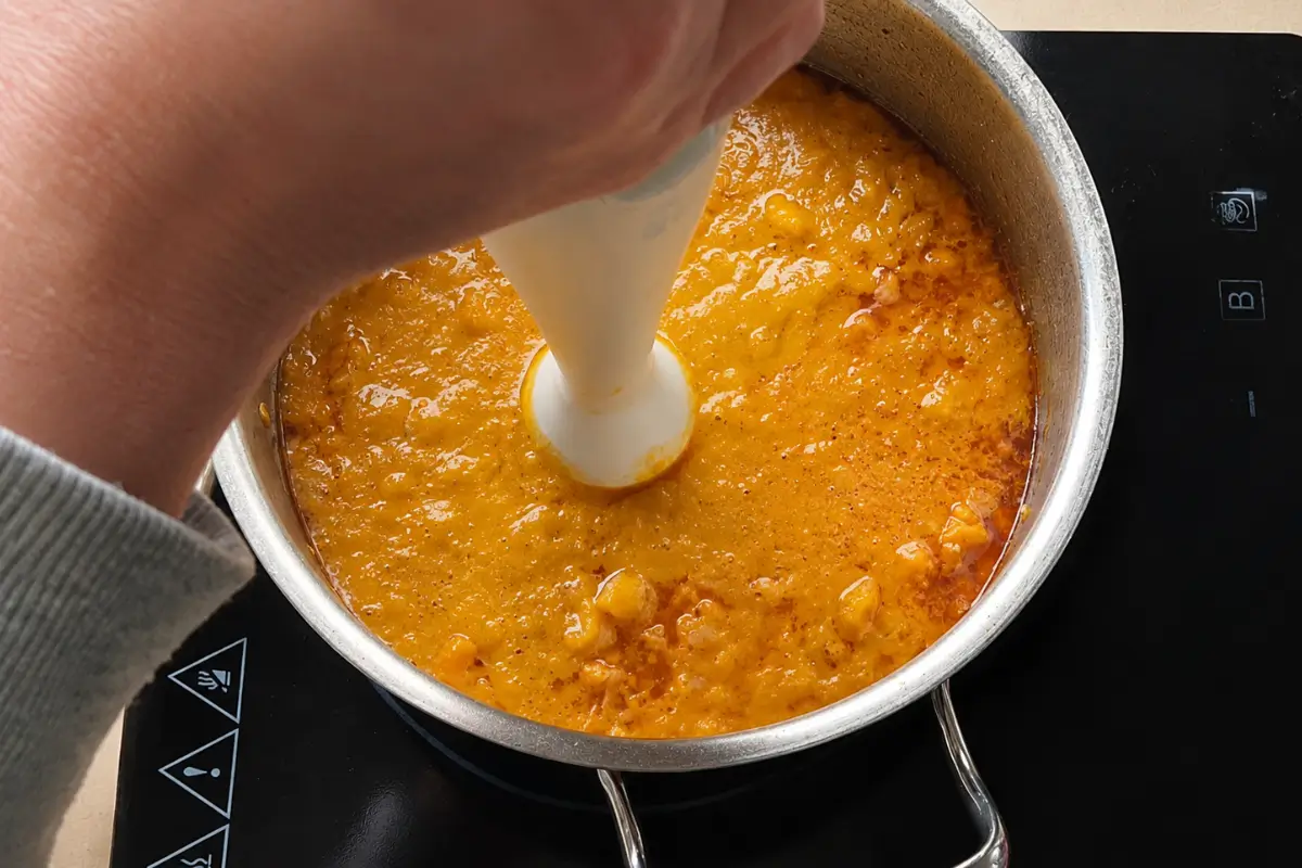 Immersion blender blending smooth Thai pumpkin soup in a saucepan.