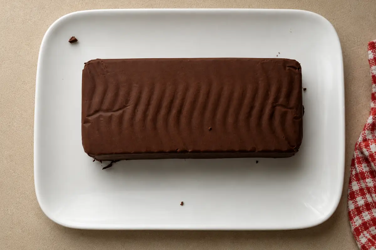 Chilled chocolate dessert loaf unmoulded onto a serving platter.