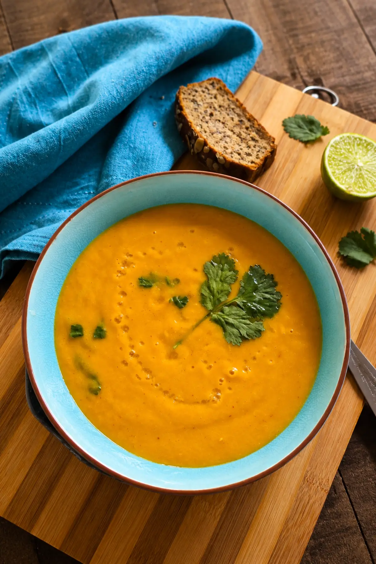 Smooth pumpkin soup garnished with coriander in a blue bowl.