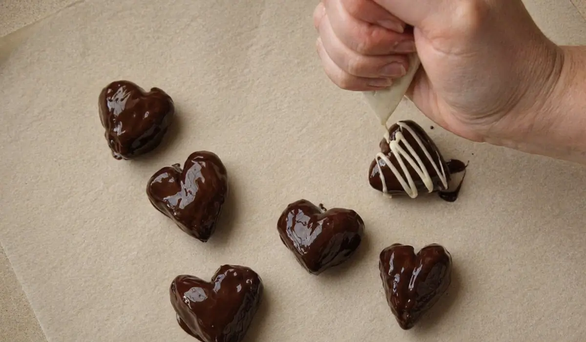 Drizzling white chocolate over chocolate covered dates on baking paper.