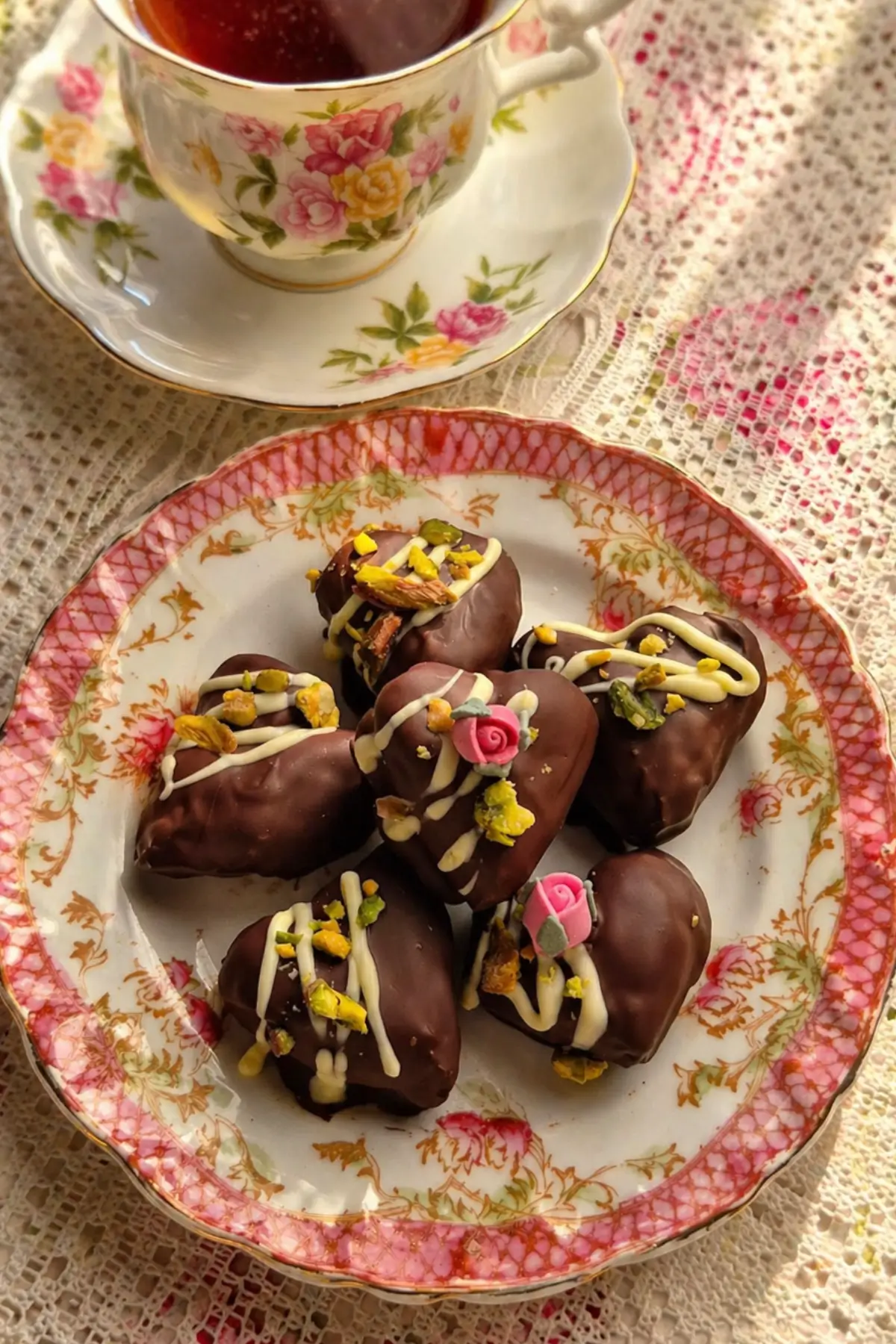 Easy Valentine sweets served with tea on a vintage table setting.