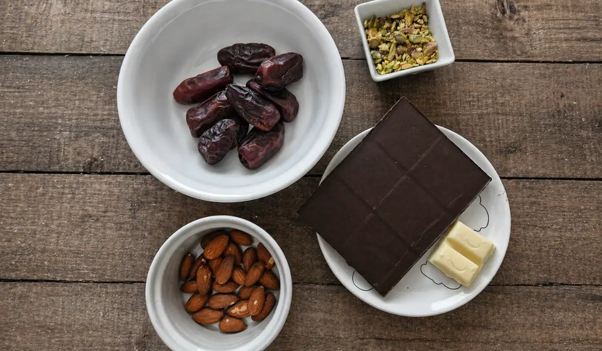 Ingredients for Date Chocolate Hearts arranged with dates, almonds, chocolate, and pistachios.