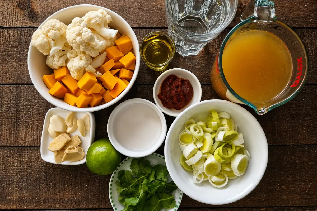 Pumpkin, cauliflower, leek, coconut cream, broth, lime, and curry paste arranged for Thai-Style Pumpkin Soup.