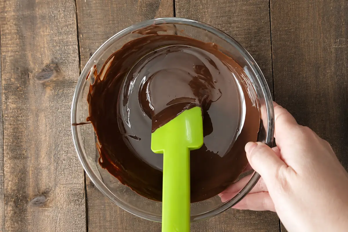 Smooth melted dark chocolate in a glass bowl with a spatula.