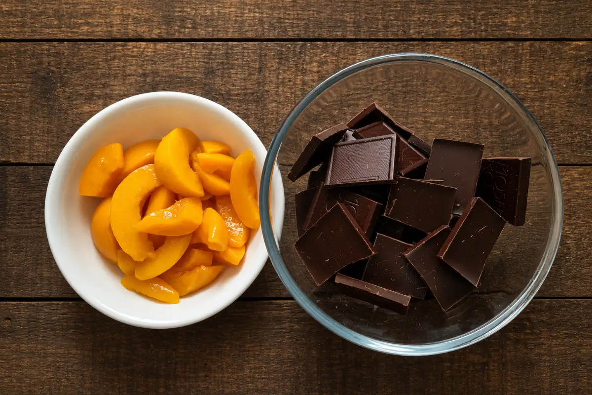 Bowl of peach slices beside chopped dark chocolate pieces.