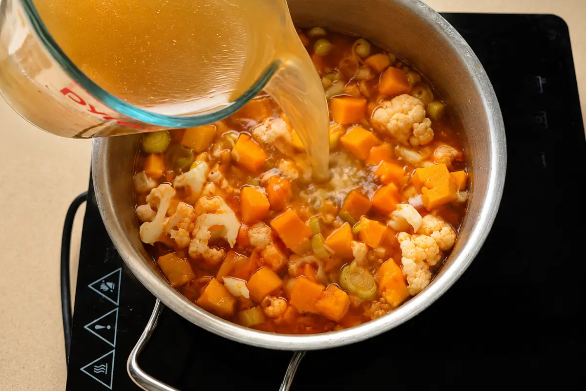 Broth being poured into pumpkin, cauliflower, and curry paste.
