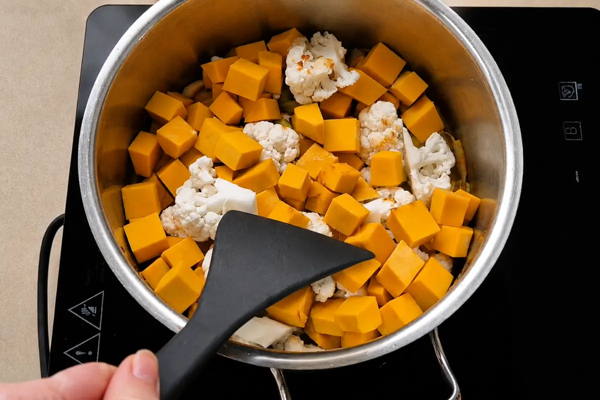 Diced pumpkin and cauliflower cooking together in a saucepan.