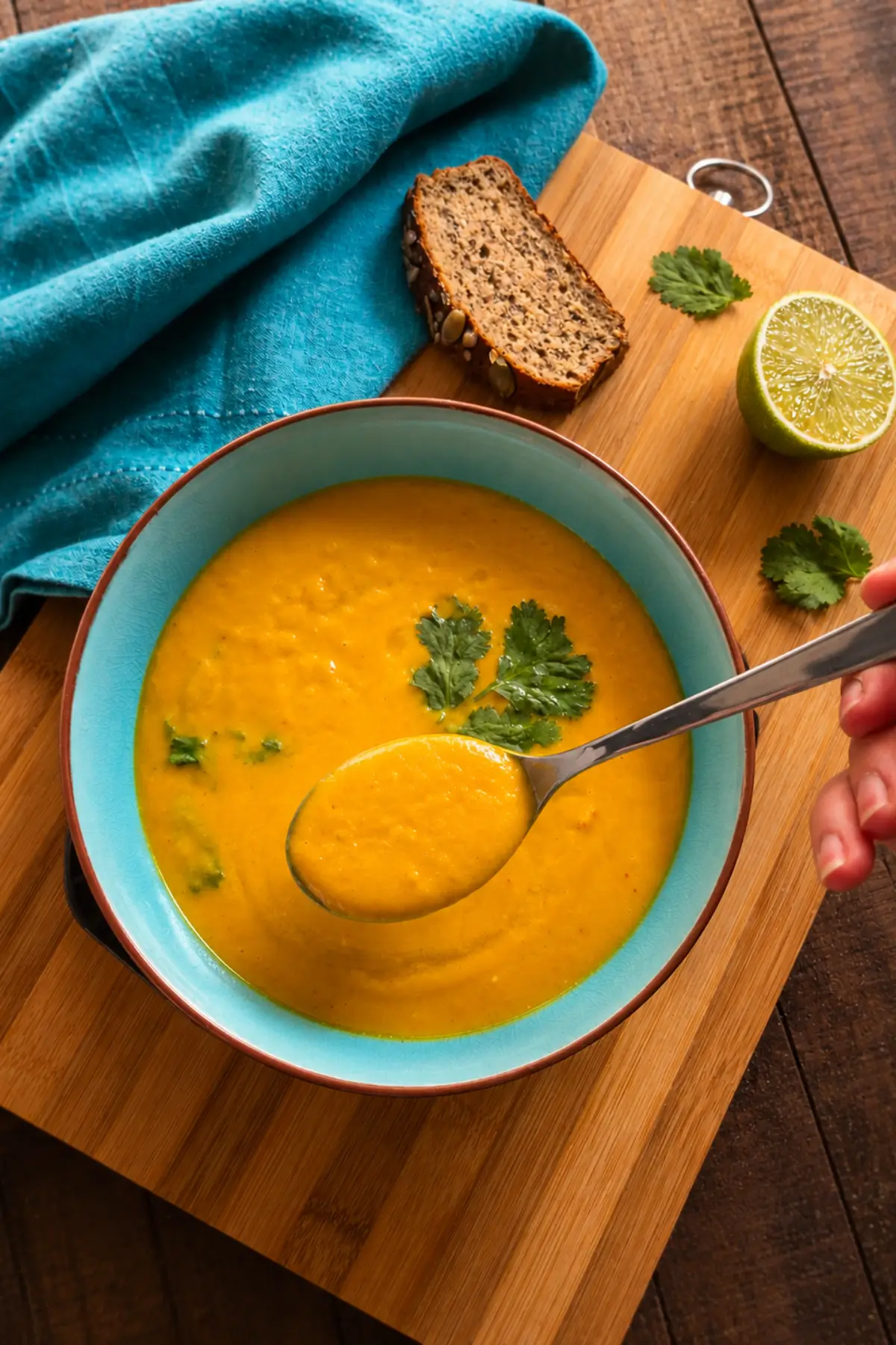 Spoon lifting creamy pumpkin soup from a bowl with coriander and lime on the side.