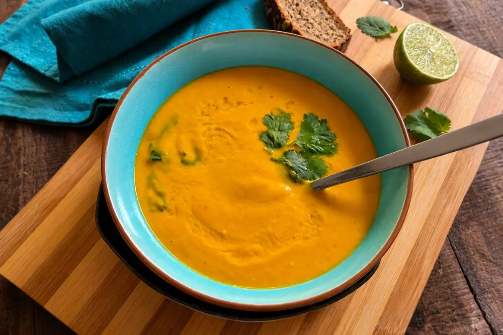 Creamy Thai pumpkin soup served with coriander, lime, and bread on a wooden board.