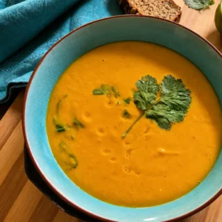 Bowl of Thai-Style Pumpkin Soup topped with fresh coriander and served with lime and seeded bread.
